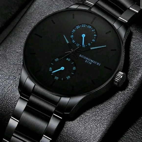 Men Stainless Steel Strap Casual Round Dial Quartz Watch, blk..n..blue.. nwt.. - Picture 1 of 3